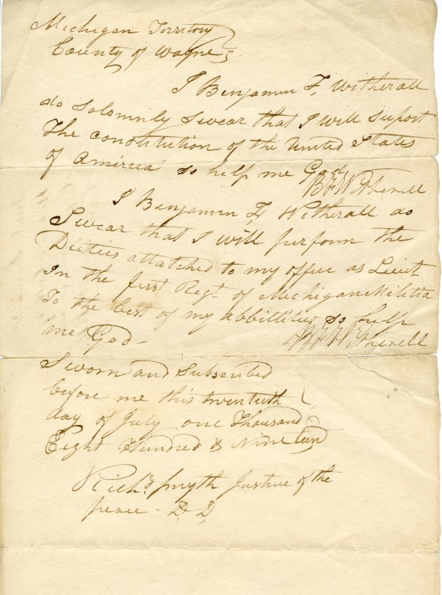 1929.035.010m Benjamin F. Witherell's oath of office as Lieutenant of the 1st Regiment of the Michigan Militia, 1819.