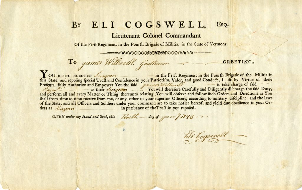 1929.035.10g This document shows James Witherell’s promotion to surgeon in the Militia of the State of Vermont in 1793.
