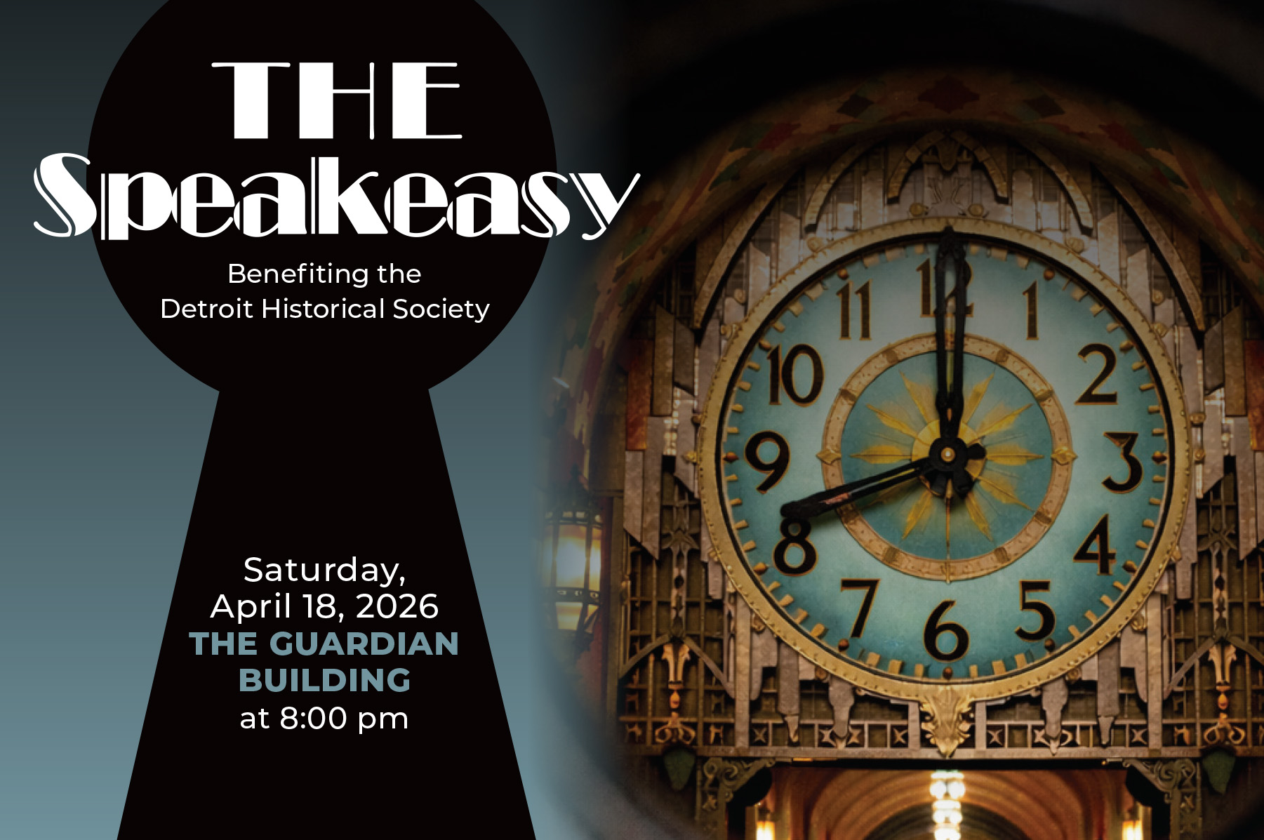 Keyhole view showing an ornate clock face with blue and gold accents next to event text on a dark background.