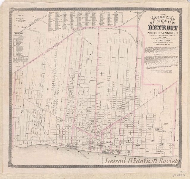Map of Detroit, listing the names and plots of former ribbon farm owners, 1863 - 1961.282.007