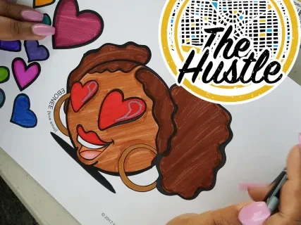 Cartoon drawing of a girl with curly dark hair and hearts for eyes.