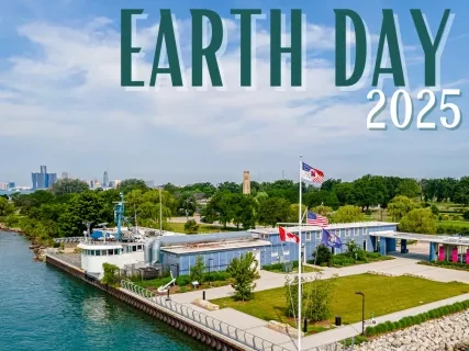 Aerial view of the Dossin Great Lakes Museum from the River side. 