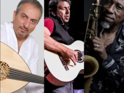 Three musicians playing instruments: an oud, a guitar, and a saxophone. Each stands in a separate vertical section.