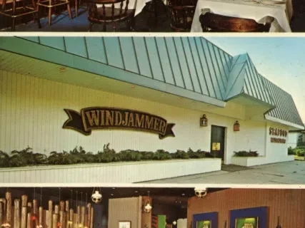 Three photos of a restaurant: A curved dining room setup, exterior with "Windjammer" sign, and a dining area with white tablecloths.