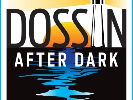 Dossin After Dark logo with lighthouse over sunset and water reflection.