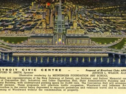 Colorful architectural rendering of Detroit Civic Center at night, showing a lit-up cityscape and a waterfront with reflections.