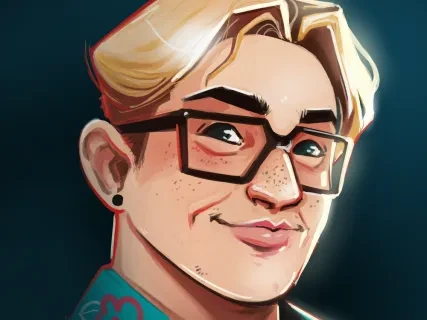 Smiling cartoon person with glasses and blond hair.