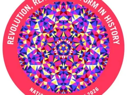 Colorful geometric pattern with text "Revolution, Reaction, Reform in History" on a red circle; "National History Day 2026".