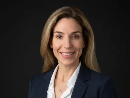 Smiling woman with long hair in a navy blazer and white top, dark background.