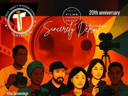 Film festival poster with diverse photographers holding cameras, vibrant background of reds and yellows, celebrating 20th anniversary.