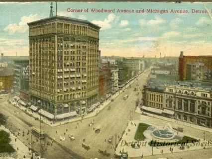 Postcard - Corner of Woodward Avenue and Michigan Avenue, Detroit, Mich.