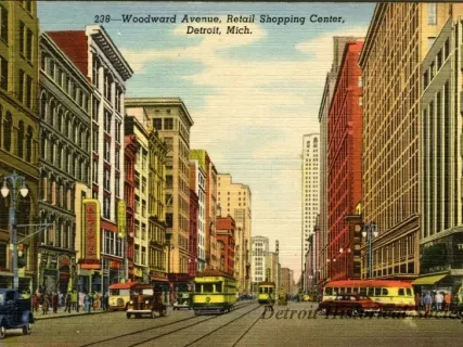 Postcard - Woodward Avenue, Retail Shopping Center, Detroit, Mich.