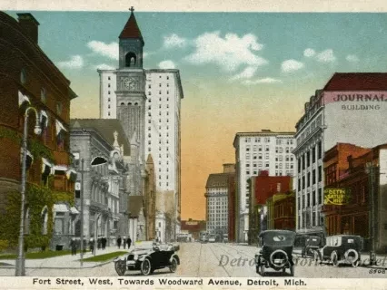 Postcard - Fort Street, West, Towards Woodward Avenue, Detroit, Mich.