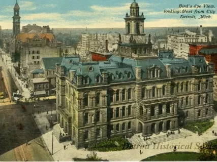 Postcard - Bird's Eye View, looking West from City Hall, Detroit, Mich.