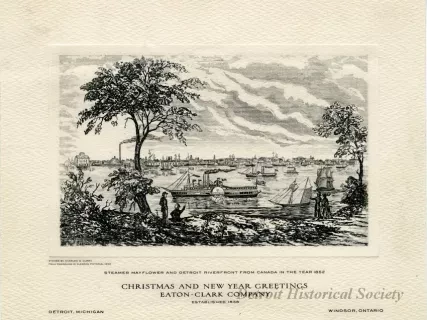 Card, Greeting - Steamer MAYFLOWER and Detroit Riverfront from Canada in the Year 1852