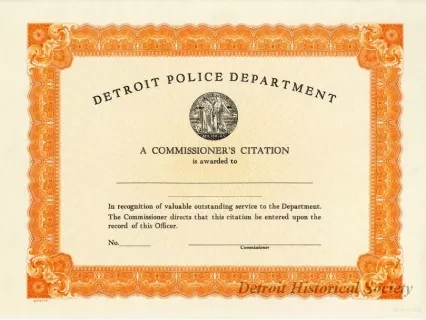 Certificate - Detroit Police Department
Commissioner's Citation