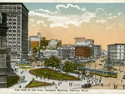 Postcard - The Hub of the City, Campus Martius, Detroit, Mich.