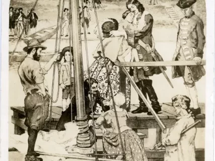 Postcard - Landing of Cadillac's Wife, Detroit Public Library - Landing of Cadillac's Wife