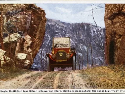 Postcard - Pathfinding for the Glidden Tour - Detroit to Denver and return. 2600 miles in rainy April. Car was an E-M-F "30" - Price $1250.