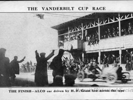 Postcard - The Vanderbilt Cup Race.
The Finish - ALCO car driven by H.F. Grant first across the tape