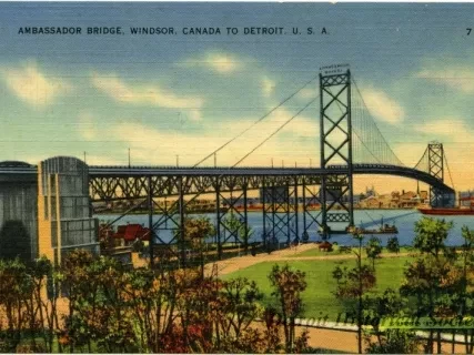 Postcard - Ambassador Bridge, Windsor Canada to Detroit, U.S.A. - Ambassador Bridge, Windsor, Canada to Detroit, USA