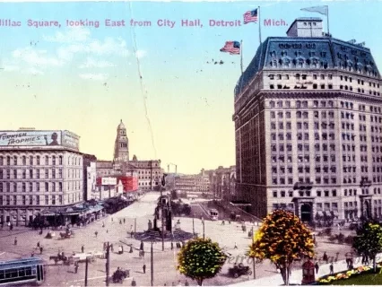 Postcard - Cadillac Square, looking East from City Hall, Detroit, Mich. - Cadillac Square, looking East from City Hall