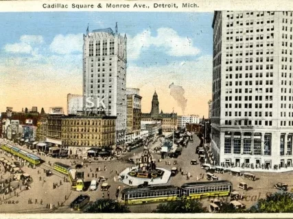 Postcard - Cadillac Square & Monroe Ave., Detroit, Mich.