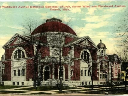 Postcard - North Woodward Avenue Methodist Episcopal Church, corner Wood and Woodward Avenue, Detroit, Mich. - North Woodward Avenue Methodist Episcopal Church