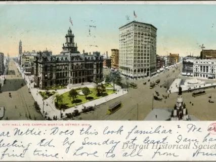 Postcard - City Hall and Campus Martius, Detroit, Mich.