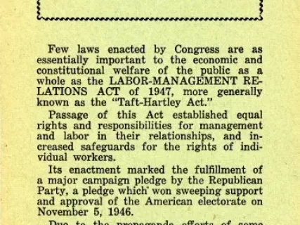 Handbill, Political - The Truth About the Labor-Management Relations Act of 1947 (Taft-Hartley Act)