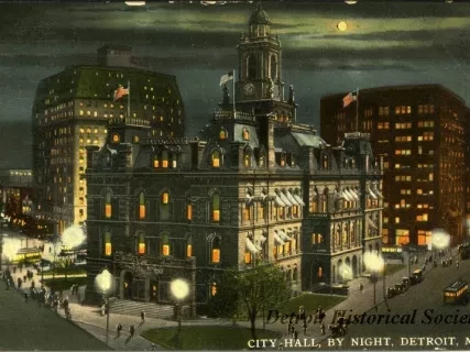 Postcard - City Hall, By Night, Detroit, Mich.