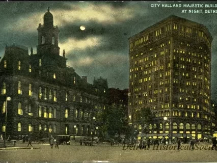 Postcard - City Hall and Majestic Building, At Night, Detroit, Mich.