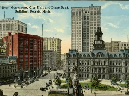 Postcard - Soldiers' Monument, City Hall and Dime Bank Building, Detroit, Mich.