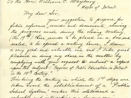 Letter - Progress of Public Education in Detroit in the 19th Century