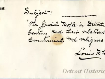 Envelope - The Jewish People in Detroit in the 19th Century and their relations to Social, Commercial and Religious Life