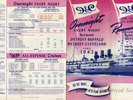 Booklet - D&C Lake Lines Low Cost All-Expense Romance Cruises to Mackinac Island, Harbor Springs, Georgian Bay, visit Buffalo and Niagara Falls.