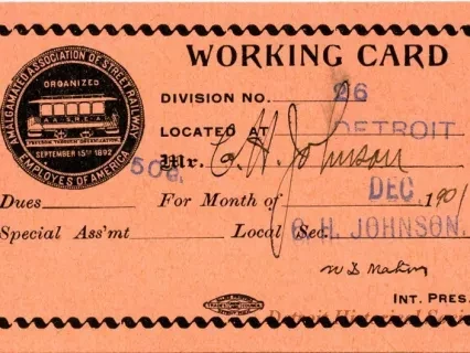 Card, Union - Working Card
Amalgamated Association of Street Railway Employees of America