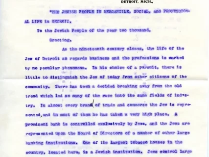 Letter - The Jewish People in Mercantile, Social, and Professional Life in Detroit