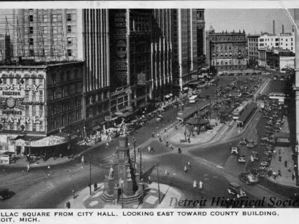 Postcard - Cadillac Square from City Hall, Looking East Toward County Building.