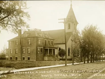 Postcard - Parsonage & Our Lady of the Lourdes Church, River Rouge, Mich.