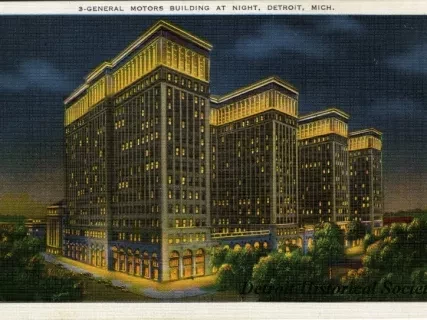 Postcard - General Motors Building at Night, Detroit, Mich.
