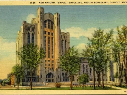Postcard - New Masonic Temple, Temple Ave. and 2nd Boulevard, Detroit, Mich.