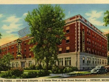 Postcard - Hotel Yorba - 4020 West Lafayette - 2 Blocks West of West Grand Boulevard - Detroit, Michigan.