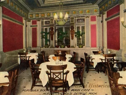 Postcard - Pompeian Room Adjoining Main Cafe, Hotel Griswold, Detroit, Mich.