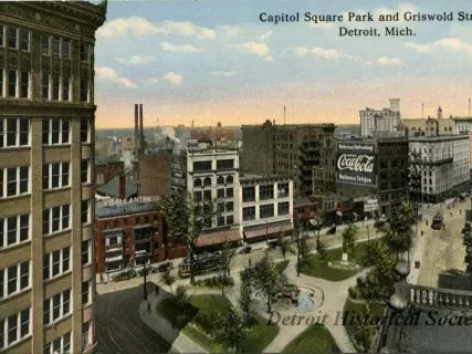 Postcard - Capitol Square Park and Griswold Street, Detroit, Mich.