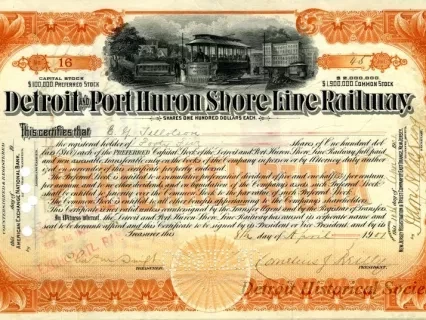 Certificate, Stock - Detroit & Port Huron Shore Line Railway