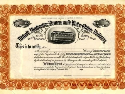 Certificate, Stock - Detroit, Rochester, Romeo & Lake Orion Railway