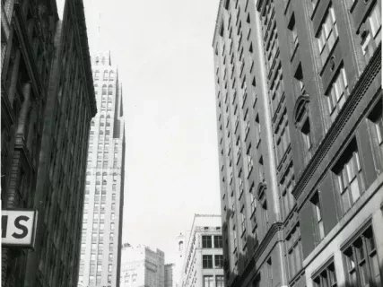 Print, Photographic - Looking West on Gratiot Ave. toward Woodward Ave. From Crosswalks at Farmer St. in Center of Gratiot Ave.