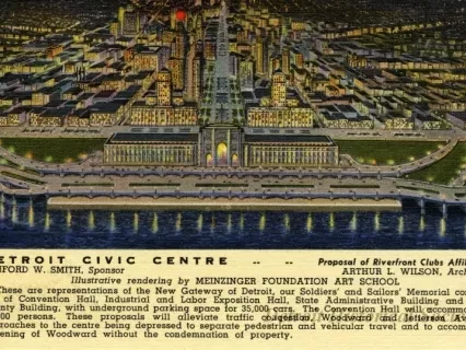 Postcard - Detroit Civic Center, Proposal of Riverfront Club Affiliated