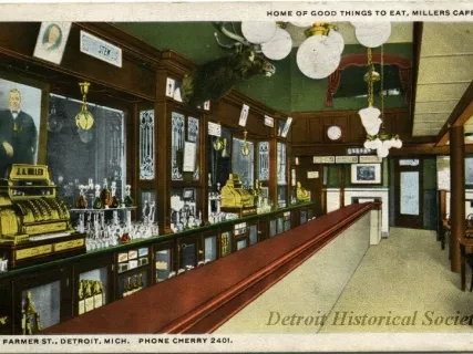 Postcard - Home of Good Things to Eat, Millers Cafe.
59 Farmer St., Detroit, Mich. Phone Cherry 2401.